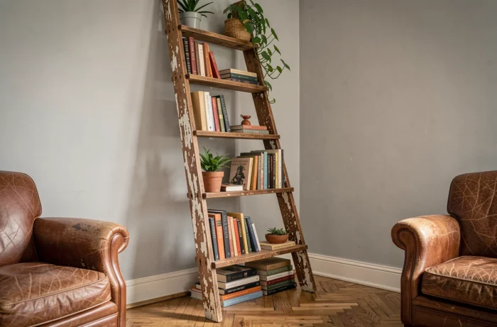 Vieille échelle en bois chinée détournée en étagère bibliothèque avec livres et plantes dans un salon chaleureux