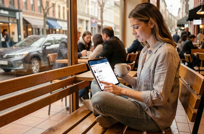 Femme consultant une alternative à Nitter sur une tablette dans un café urbain