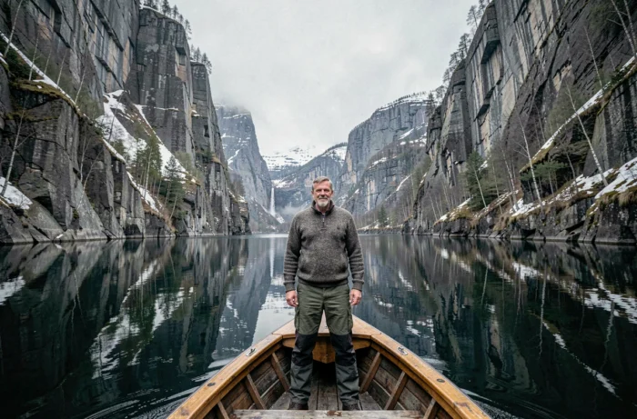 Voyageur sur un bateau traversant un fjord norvégien aux parois verticales enneigées reflétées dans une eau calme et grise