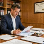 Notaire en costume marine révisant un contrat d'achat de terrain non constructible dans son bureau avec documents officiels et stylo plume