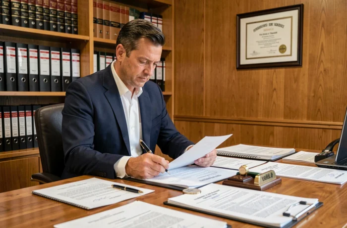 Notaire en costume marine révisant un contrat d'achat de terrain non constructible dans son bureau avec documents officiels et stylo plume