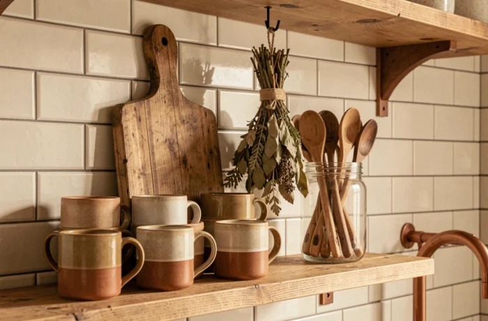 Étagère de cuisine où objets du quotidien comme des mugs en céramique et une planche à découper sont disposés comme éléments décoratifs