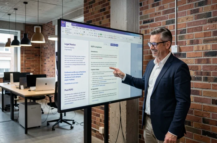 Homme expliquant les obligations légales d'un site internet devant un grand écran dans un espace de coworking