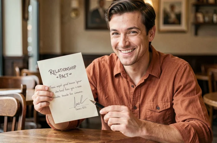 Homme souriant présentant un pacte humoristique à signer dans un café, illustrant la bio Tinder sous forme de contrat original
