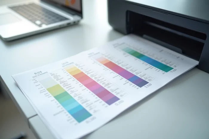 Page de test couleur et document imprimé par une imprimante multifonction laser posés sur un bureau gris clair