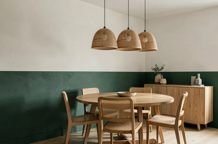 Peinture bicolore vert forêt et blanc cassé avec ligne de démarcation nette au niveau de la cimaise dans une salle à manger