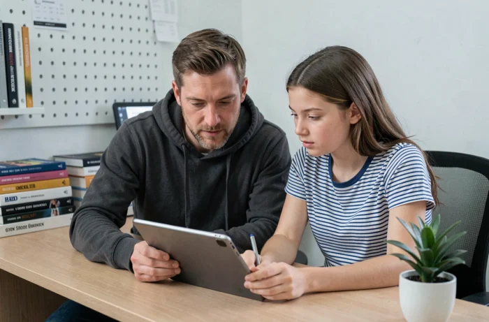 Père et adolescente consultant ensemble le portail scolaire maclasse.fr sur une tablette numérique pour organiser la rentrée 2026