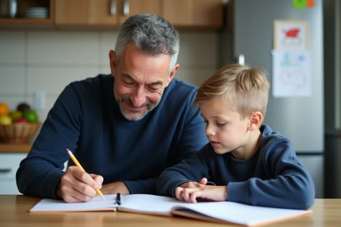 Père aidant son fils à faire ses devoirs à la table de cuisine, exemple concret de soutien parental dans l'épanouissement scolaire