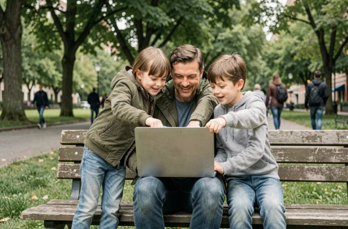 Père et enfants consultant un ordinateur portable sur un banc de parc, famille connectée profitant d'activités numériques en plein air