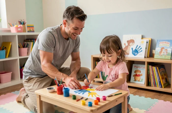 Père accompagnant sa fille dans une activité de peinture à la main à la maison pour stimuler sa créativité