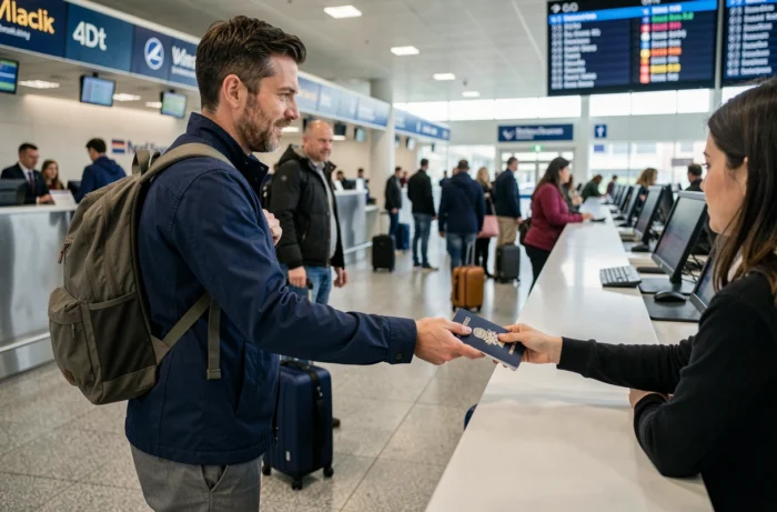 Père présentant les documents de voyage d'un enfant mineur au comptoir d'enregistrement d'un aéroport international