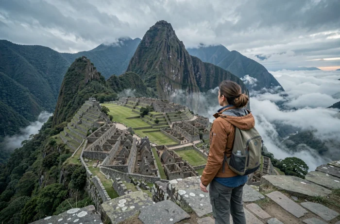 Voyageuse contemplant les ruines du Machu Picchu depuis la Porte du Soleil au lever du jour avec des nuages enveloppant la vallée
