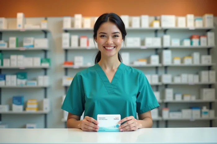 Pharmacienne présentant une boîte de médicament rebaptisé Dirmox au comptoir d'une pharmacie, symbolisant la mutation réussie depuis Zetmir