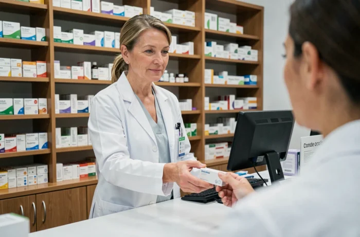 Pharmacienne remettant une boîte de médicament à un patient au comptoir d'une pharmacie