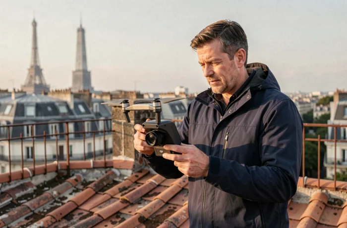 Photographe immobilier opérant un drone professionnel sur un toit parisien avec vue sur la Tour Eiffel