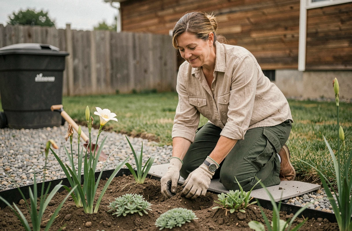 Femme plantant des fleurs vivaces à racines peu profondes sur le champ d'épuration d'une fosse septique dans un jardin résidentiel