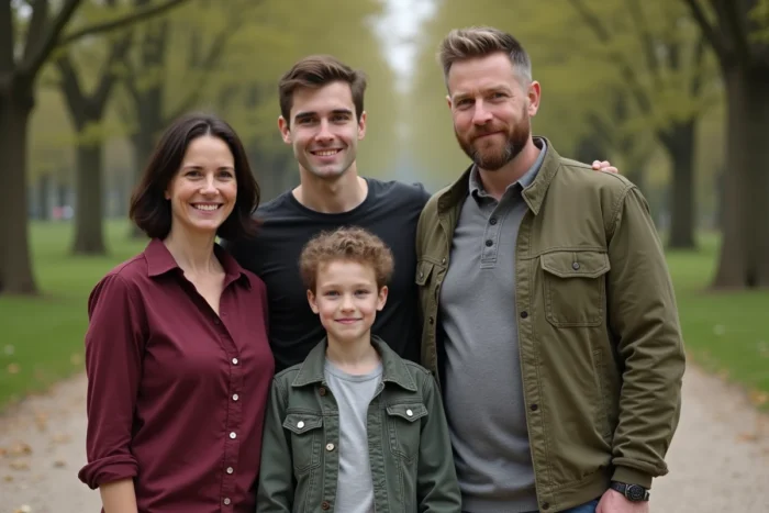 Portrait de famille naturel en extérieur dans un parc, ambiance décontractée illustrant la vie familiale de Laurène Godey et Sébastien Loeb