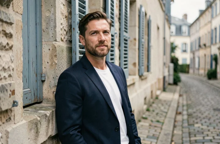 Portrait éditorial d'un homme élégant dans une rue pavée française, évoquant la personnalité discrète et la vie personnelle de Florian Tardif