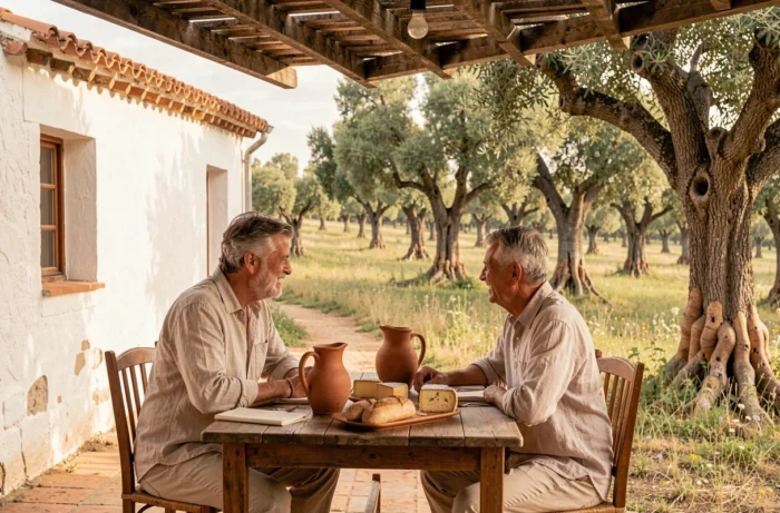 Couple déjeunant en terrasse dans une adega de l'Alentejo portugais entourée de chênes-lièges et de paysages dorés