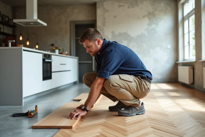 Artisan posant un parquet en bois en chevrons dans une cuisine ouverte en cours de rénovation