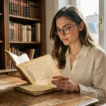 Jeune femme prénommée Lucie consultant un livre ancien sur l'origine des prénoms dans un appartement parisien