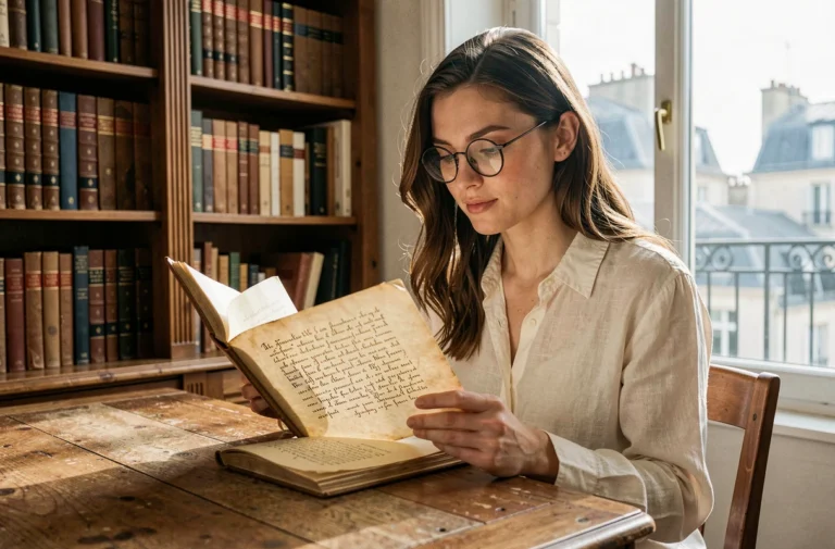 Jeune femme prénommée Lucie consultant un livre ancien sur l'origine des prénoms dans un appartement parisien