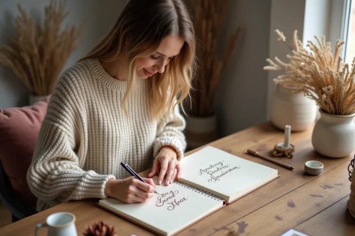Femme écrivant des prénoms de fille tendance 2025 dans un carnet de calligraphie en intérieur scandinave