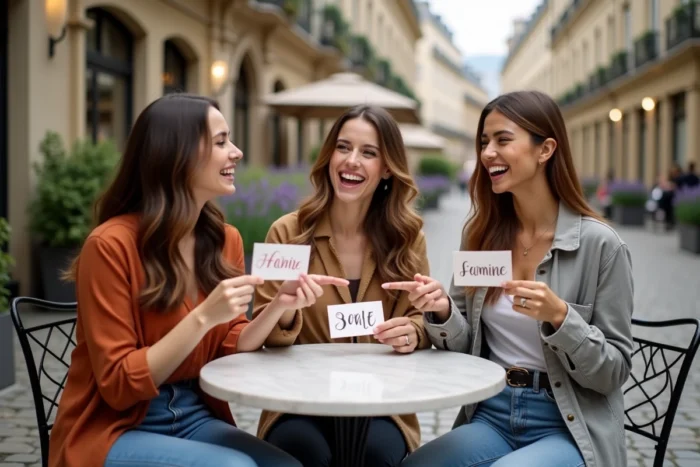 Trois amies découvrant ensemble les prénoms de fille les plus tendance de 2025 dans une cour parisienne