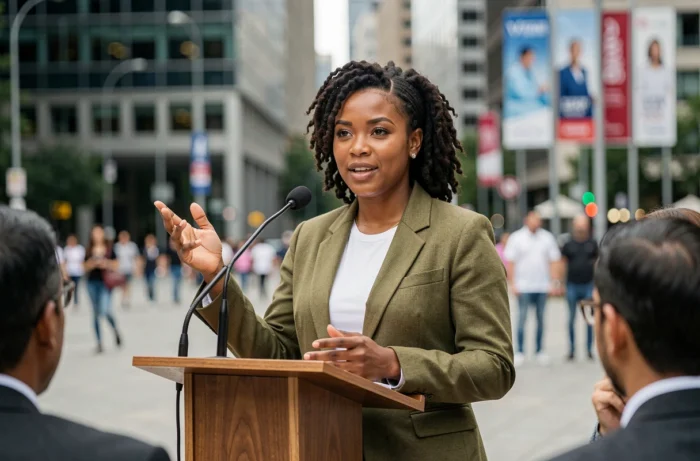 Jeune femme noire prenant la parole en public dans une place urbaine lors d'un débat social