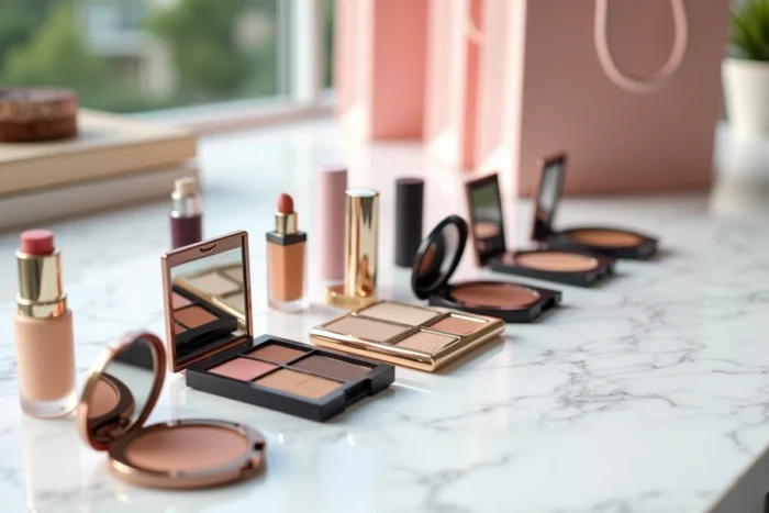 Assortiment de produits de maquillage de différentes marques posés sur du marbre blanc