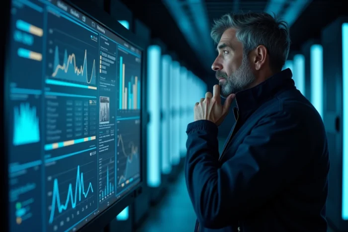 Professionnel analysant des tableaux de bord technologiques sur un grand écran incurvé dans une salle de serveurs