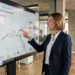 Professionnelle de l'immobilier analysant les tendances du marché sur un écran tactile dans une agence moderne
