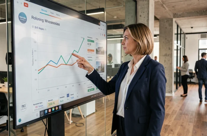 Professionnelle de l'immobilier analysant les tendances du marché sur un écran tactile dans une agence moderne