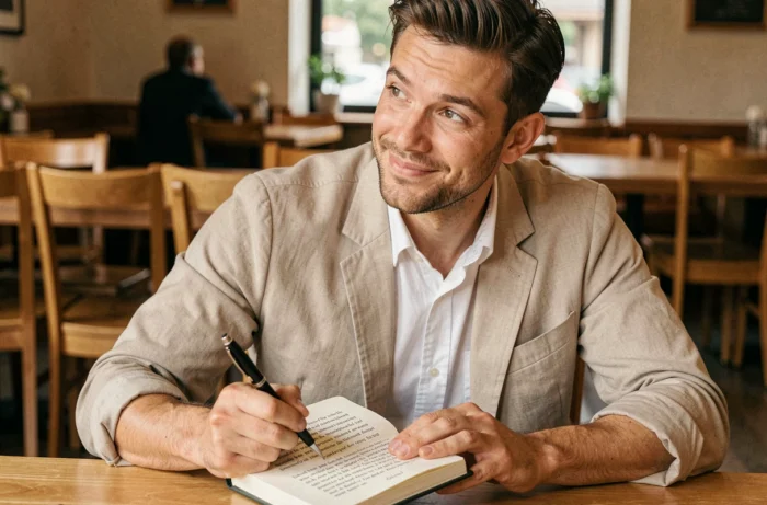 Homme amusé écrivant dans un journal un texte à la troisième personne se décrivant de façon humoristique, pour sa bio Tinder
