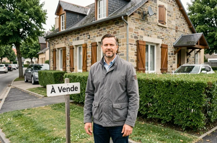 Propriétaire devant sa maison à vendre dans un quartier résidentiel calme
