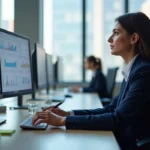 Professionnelle en blazer marine analysant un tableau de bord CRM pour optimiser la prospection digitale B2B en entreprise