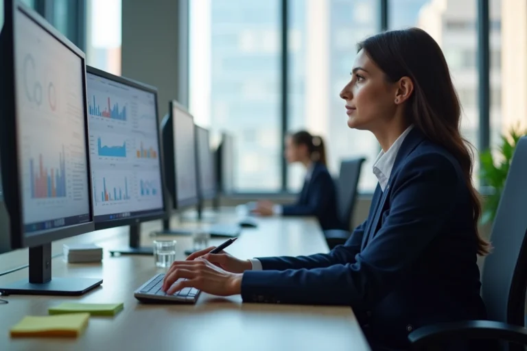 Professionnelle en blazer marine analysant un tableau de bord CRM pour optimiser la prospection digitale B2B en entreprise