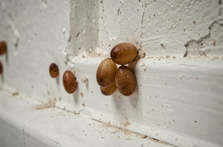 Pupes de mouches collées sur un mur peint en blanc près d'une plinthe, vue macro détaillée