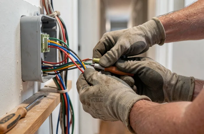 Gros plan sur le raccordement de fils électriques dans une boîte de dérivation murale