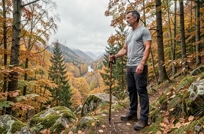 Homme en randonnée sur un sentier forestier automnal observant un panorama de vallée brumeuse