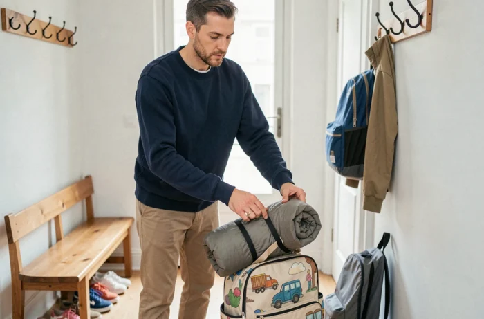 Père rangeant un sac de couchage sieste dans le sac à dos de son enfant avant l'école