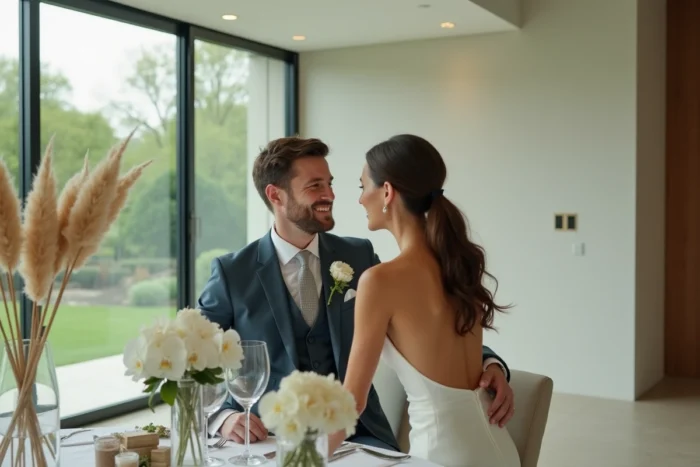 Couple de mariés lors d'une réception de mariage moderne et minimaliste avec décoration tendance 2024