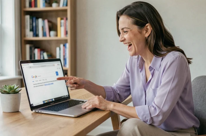 Femme riant devant un écran montrant une parodie de recherche Google la concernant, illustrant la bio recherche Google pour Tinder