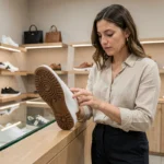Femme examinant attentivement la semelle d'une chaussure en cuir authentique dans une boutique haut de gamme pour détecter une contrefaçon