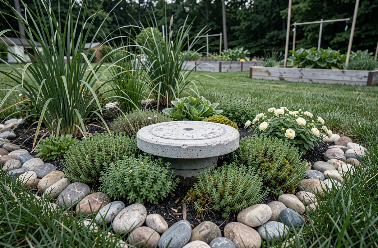 Gros plan sur un regard de fosse septique entouré de couvre-sols décoratifs et pierres de rivière pour un aménagement paysager fonctionnel