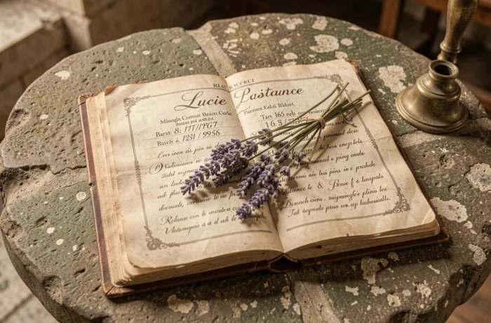 Registre de baptême ancien avec le prénom Lucie écrit en calligraphie dans une église de province française