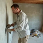 Homme en train d'appliquer de l'enduit sur un mur en cours de rénovation intérieure