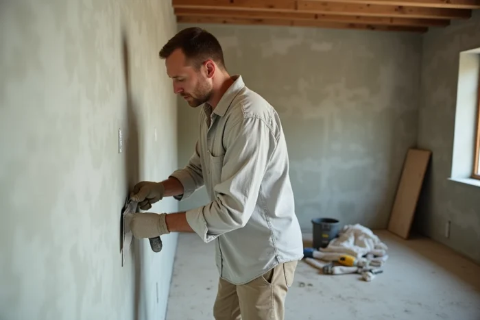 Homme en train d'appliquer de l'enduit sur un mur en cours de rénovation intérieure