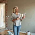 Femme en train de choisir des couleurs de peinture lors d'une rénovation intérieure de salon avec mur en brique apparente