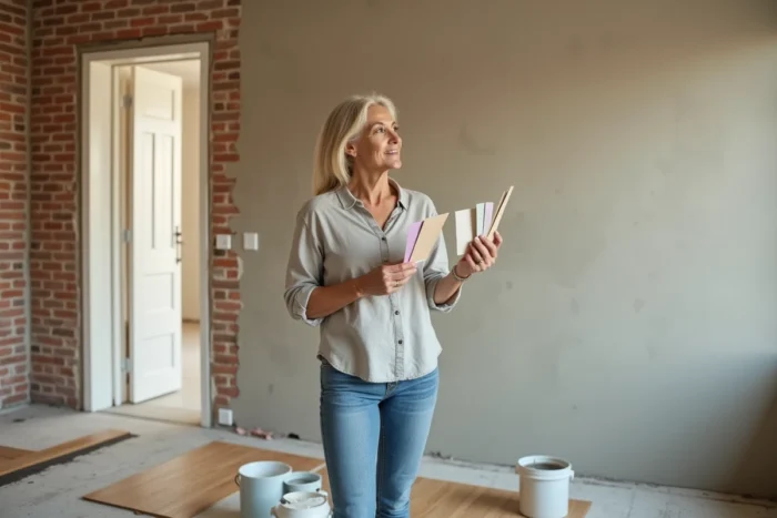 Femme en train de choisir des couleurs de peinture lors d'une rénovation intérieure de salon avec mur en brique apparente